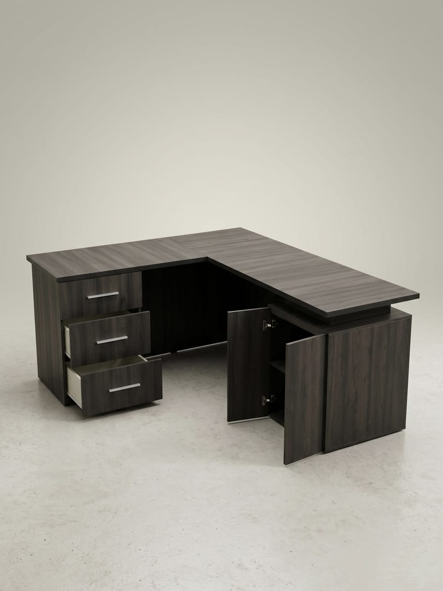 Oficina escritorio l madera oscura cajones
